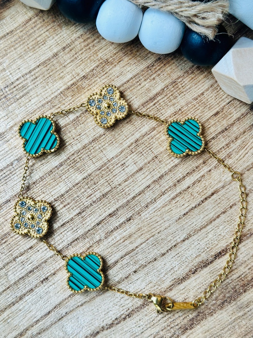 NWT 18K Gold Plated Clover Link Bracelet w/Green Enamel & Crystal Accents